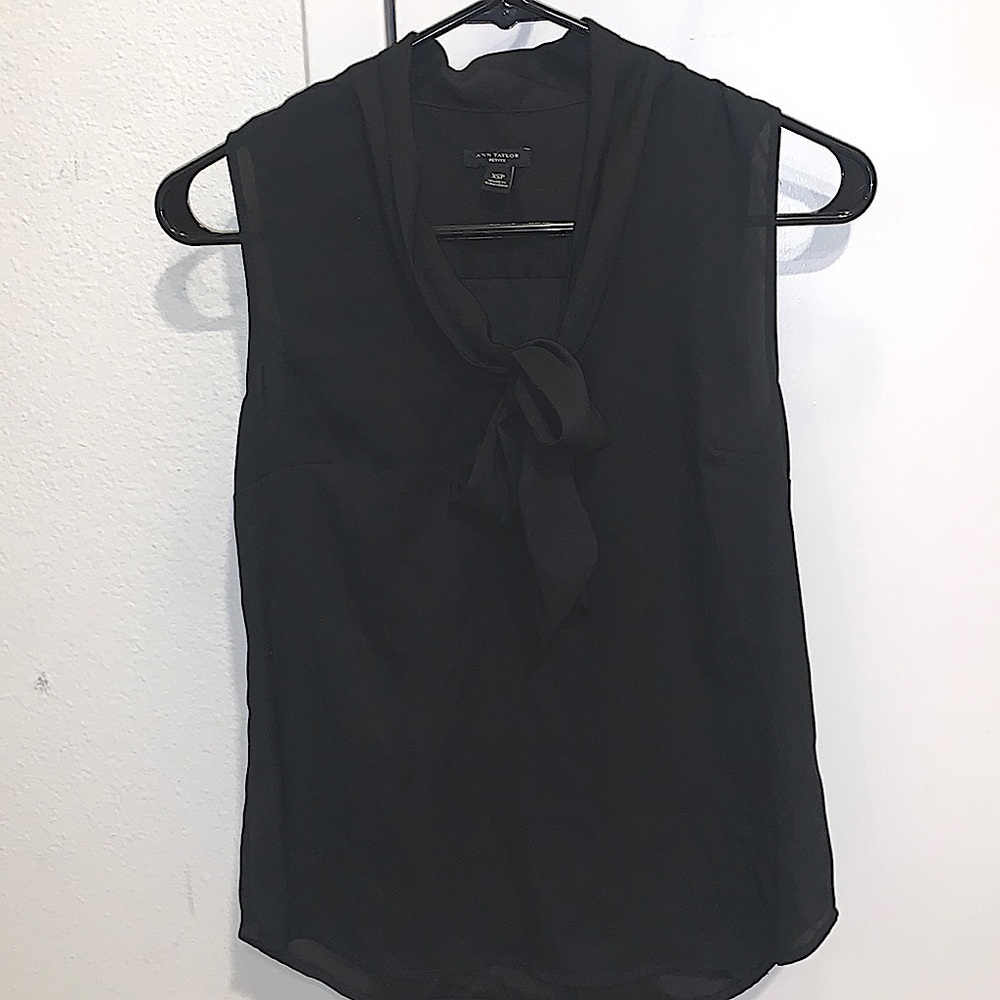 Ann Taylor Petite Tie-Front Black Satin Blouse size PXS